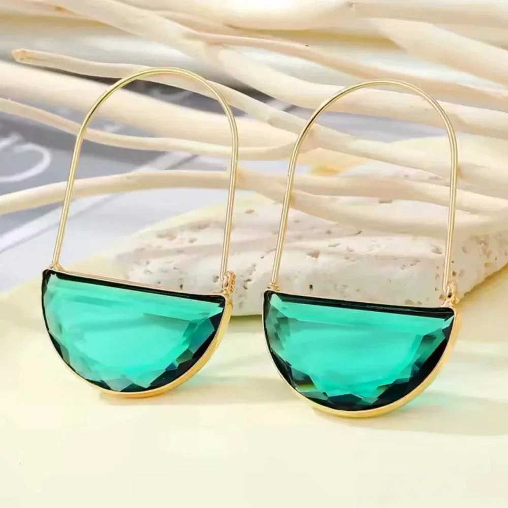 Green Faceted Crescent Glass Closed Hoops Earrings